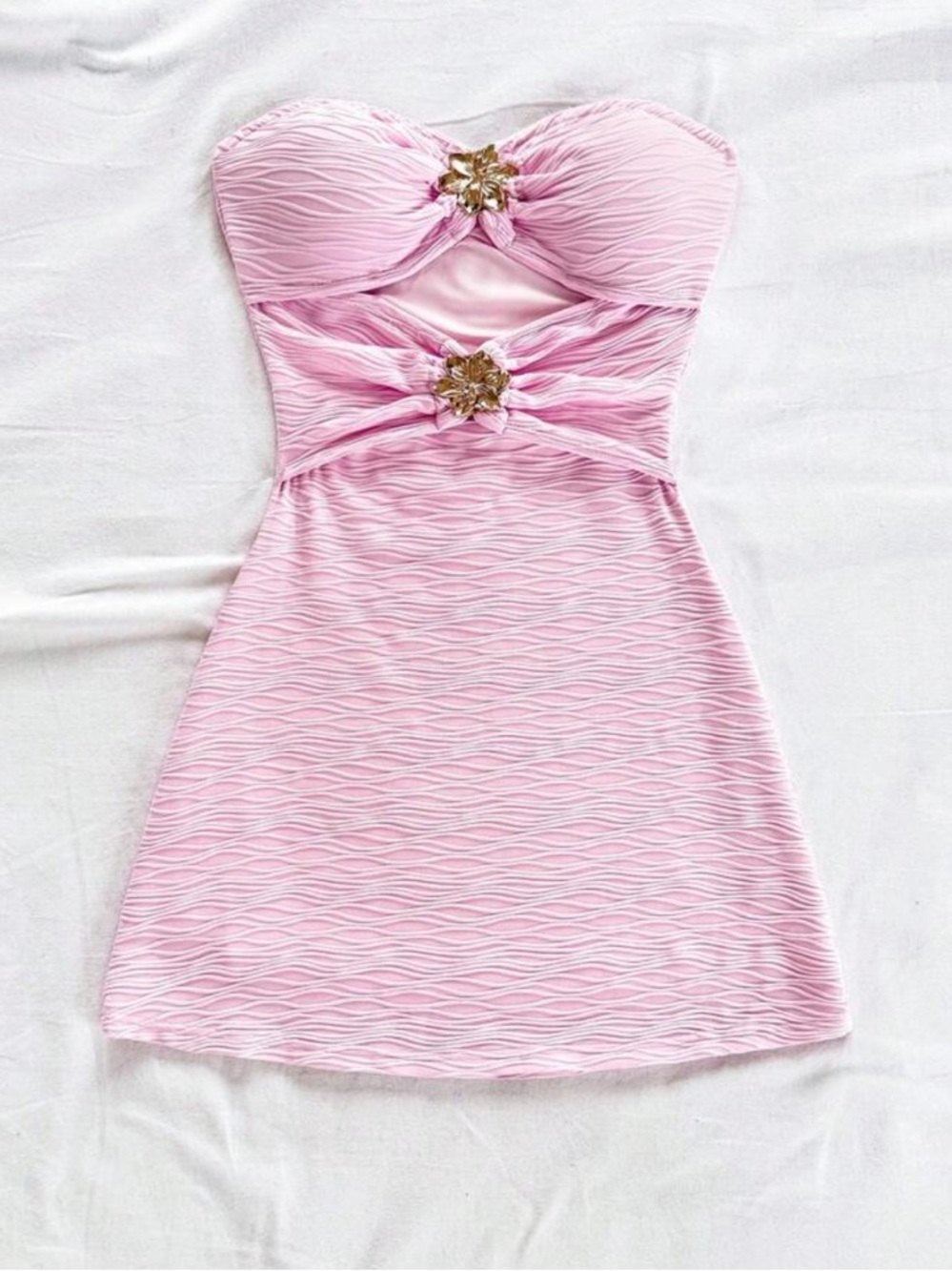 Strapless Pink Ruched Cutout Mini Dress with Embellished Accents
